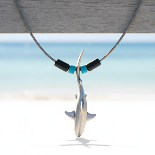 Grey Reef Shark Necklace - Sealife Collection - Pewter with Beads on Cord - Big Blue
