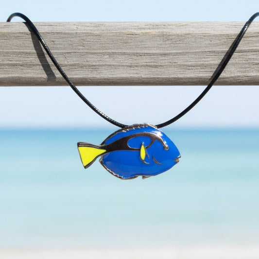 Blue Tang Fish Necklace - Sea Life Collection - Pewter on Cotton Cord - Big Blue