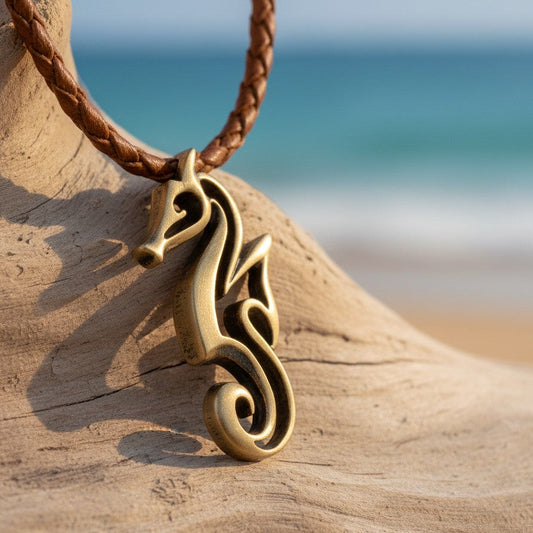 Seahorse Necklace – "Polo" - Bronze on cotton cord - Big Blue