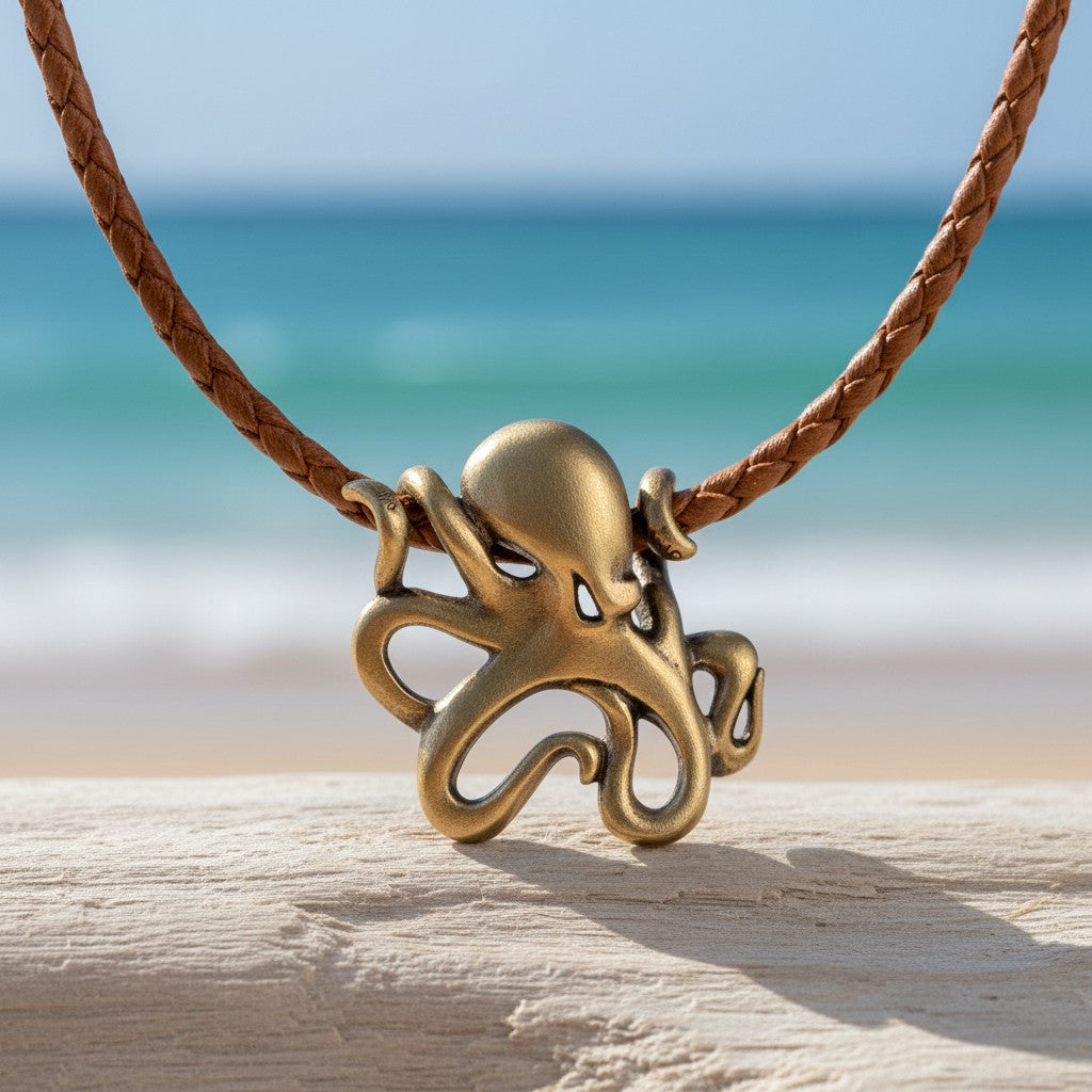 Octopus Pendant Necklace – "Leggs"- Bronze on Cotton Cord - Big Blue