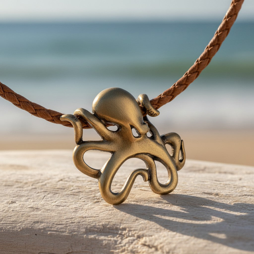 Octopus Pendant Necklace – "Leggs"- Bronze on Cotton Cord - Big Blue