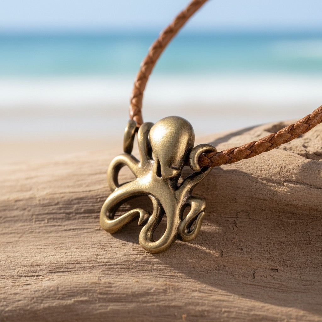 Octopus Pendant Necklace – "Leggs"- Bronze on Cotton Cord - Big Blue