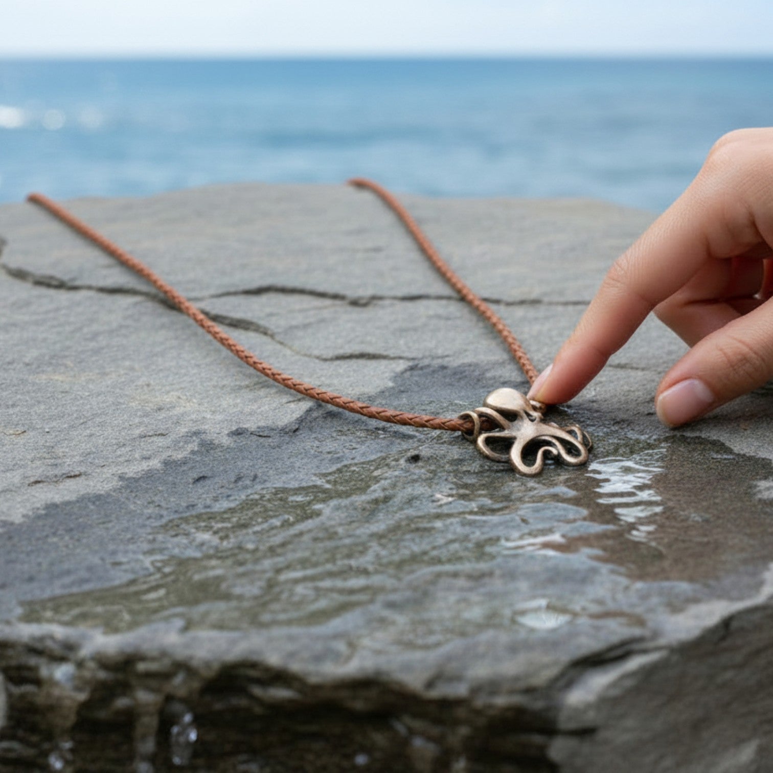 Octopus Pendant Necklace – "Leggs"- Bronze on Cotton Cord - Big Blue