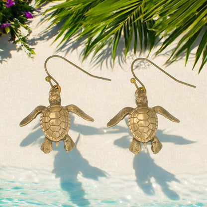 Bronze Baby Sea Turtle Drop Earrings Hatchling Dangle Drop Earrings- Turtle Jewelry, Gifts for Turtle Lovers, Boho Jewelry - Big Blue