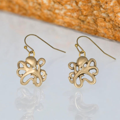 Octopus Bronze Drop Earrings, Bronze Octopus Dangle Earrings, Gifts for Octopus Lovers, Sea Life Drop Earrings - Big Blue