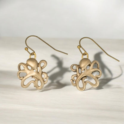 Octopus Bronze Drop Earrings, Bronze Octopus Dangle Earrings, Gifts for Octopus Lovers, Sea Life Drop Earrings - Big Blue