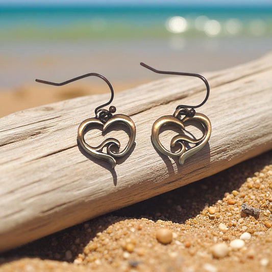 Ocean Wave Heart Drop Earrings – Ocean Wave Heart Collection - Bronze