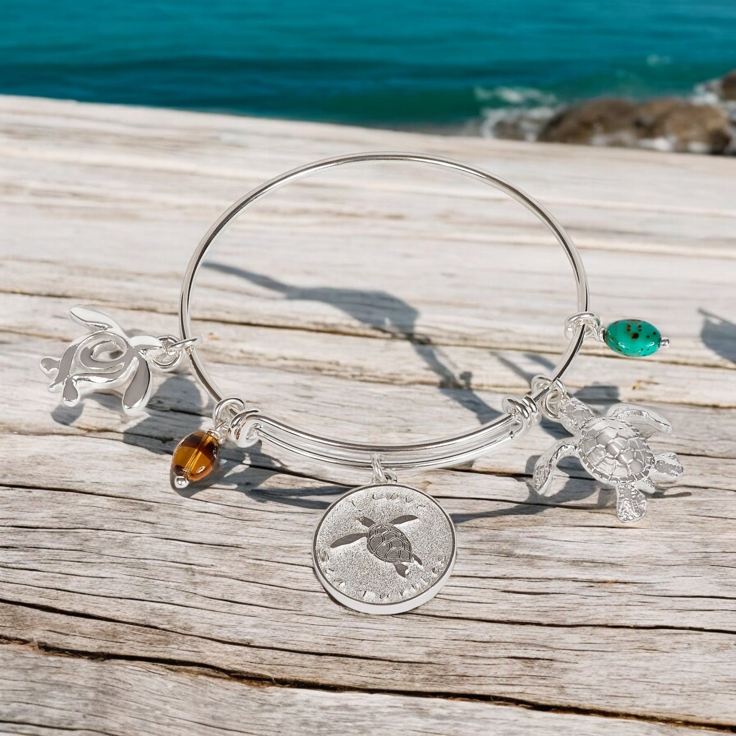 Turtle Bracelet for Women, Sea Turtle Bangle Bracelet, Turtle Charm Bracelet, Adjustable Bracelet for Women, Expandable Bracelet with Turtle - Big Blue