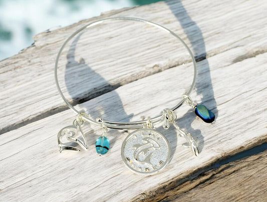 Shark Bracelet, Reef Shark Bangle Bracelet, Shark Charm Bracelet, Adjustable Bracelet for Women, Bangle Bracelet with Shark Charms - Big Blue