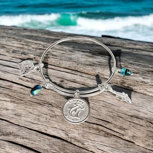 Shark Bracelet, Reef Shark Bangle Bracelet, Shark Charm Bracelet, Adjustable Bracelet for Women, Bangle Bracelet with Shark Charms - Big Blue