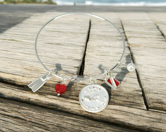 Scuba Diving Bracelet, Dive Flag Bangle Bracelet, I Love Scuba Diving Charm Bracelet, Adjustable Scuba Bracelet, Expandable Dive Bangle Bracelet - Big Blue