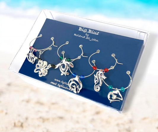 Wine Glass Charms, Sea Life Wine Charms, Wine Tags for Divers, Scuba Divers Gift Set, Ocean Theme Wine Glass Sea Life Charm Markers Gift Set - Big Blue