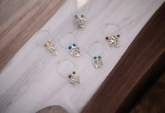 Wine Glass Charms, Sea Life Wine Charms, Wine Tags for Divers, Scuba Divers Gift Set, Ocean Theme Wine Glass Sea Life Charm Markers Gift Set - Big Blue