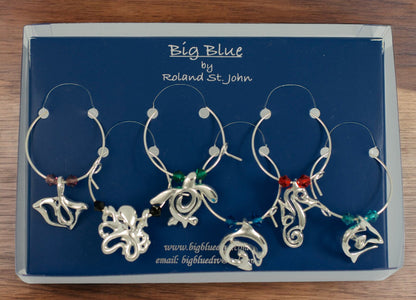 Wine Glass Charms, Sea Life Wine Charms, Wine Tags for Divers, Scuba Divers Gift Set, Ocean Theme Wine Glass Sea Life Charm Markers Gift Set - Big Blue