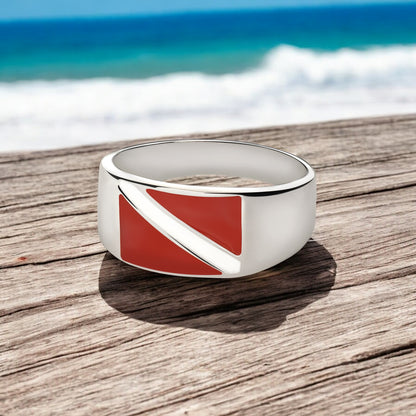 Scuba Diver Ring Sterling Silver- Dive Flag Ring for Men and Women - Big Blue