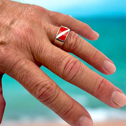 Scuba Diver Ring Sterling Silver- Dive Flag Ring for Men and Women - Big Blue
