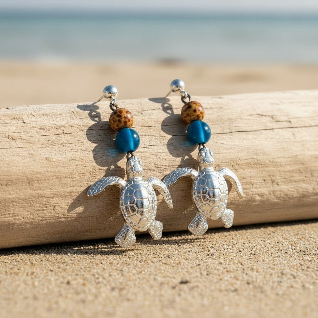 Sea Turtle Dangle Earrings with Beads – Ocean Theme Collection - Pewter - Big Blue