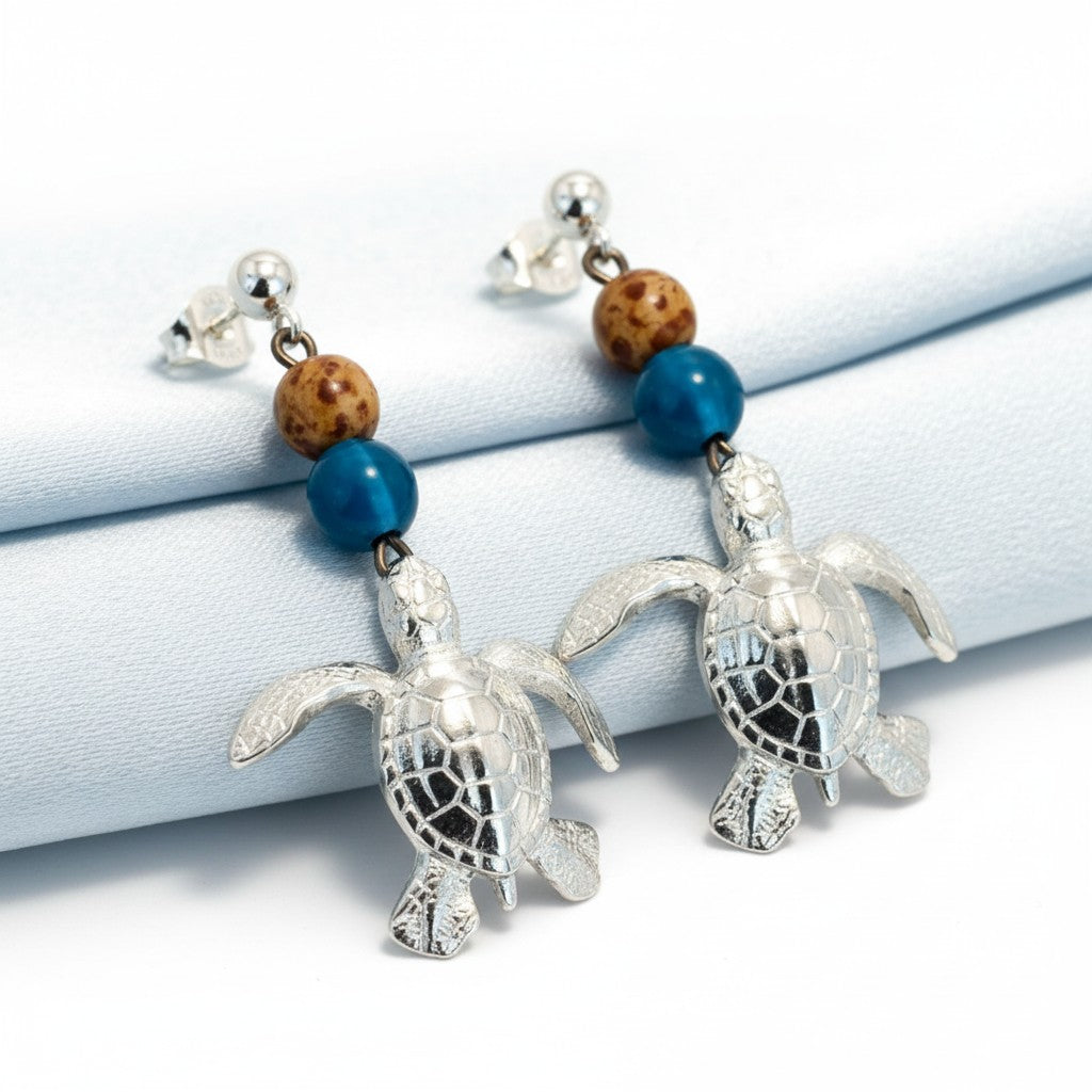 Sea Turtle Dangle Earrings with Beads – Ocean Theme Collection - Pewter - Big Blue