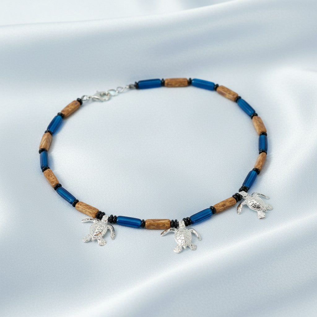 Sea Turtle Hatchling Charm Necklace - Ocean Theme - Pewter with Mykonos Beads - Big Blue