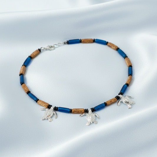 Sea Turtle Hatchling Charm Necklace - Ocean Theme - Pewter with Mykonos Beads - Big Blue