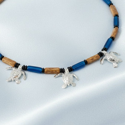 Sea Turtle Hatchling Charm Necklace - Ocean Theme - Pewter with Mykonos Beads - Big Blue