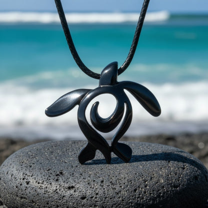 Turtle Necklace – Ocean Traveler "Honu" Collection – Jet Black Pewter Pendant - Big Blue