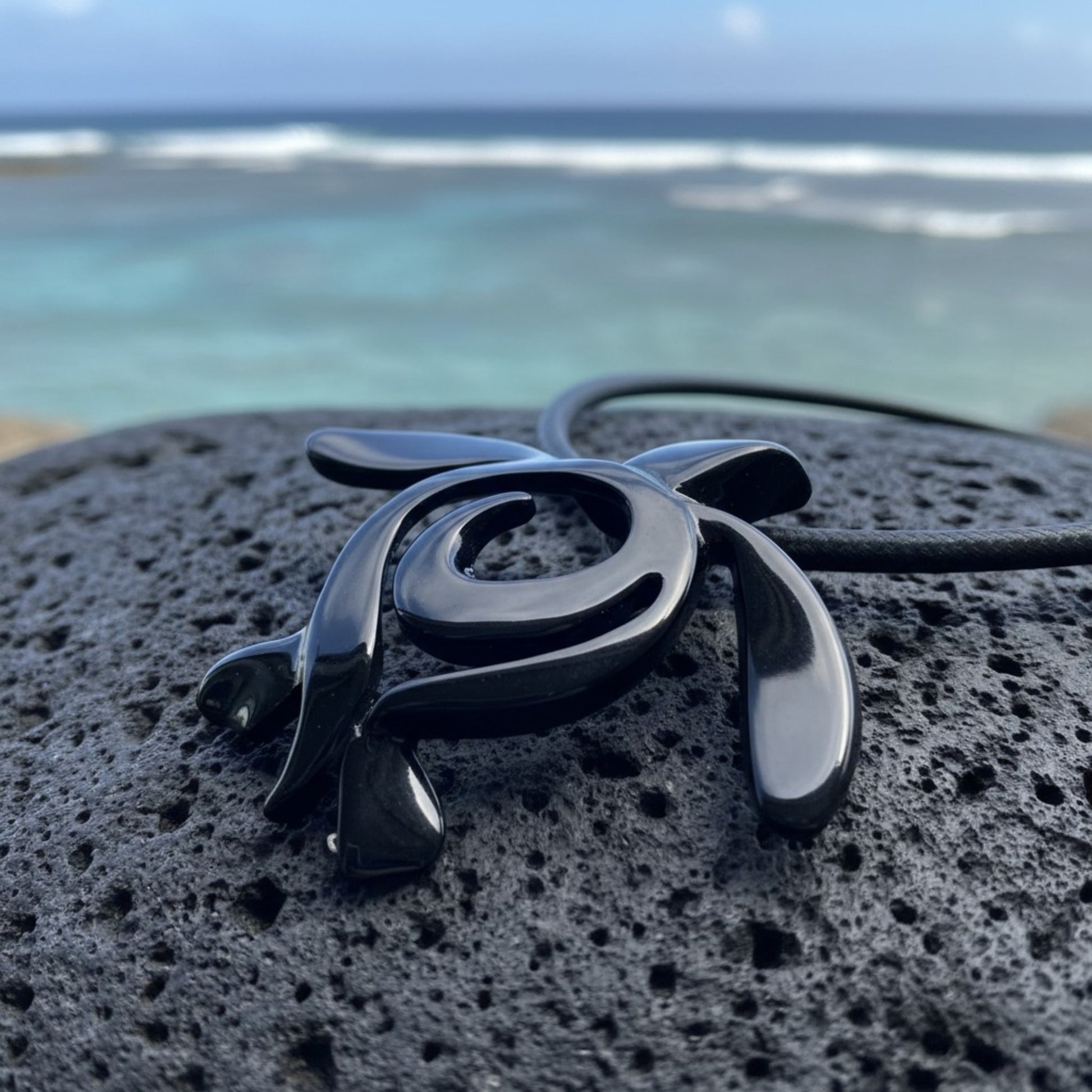 Turtle Necklace – Ocean Traveler "Honu" Collection – Jet Black Pewter Pendant - Big Blue