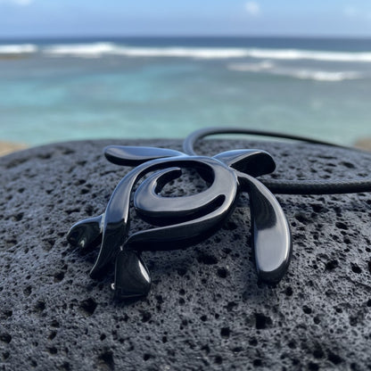 Turtle Necklace – Ocean Traveler "Honu" Collection – Jet Black Pewter Pendant - Big Blue