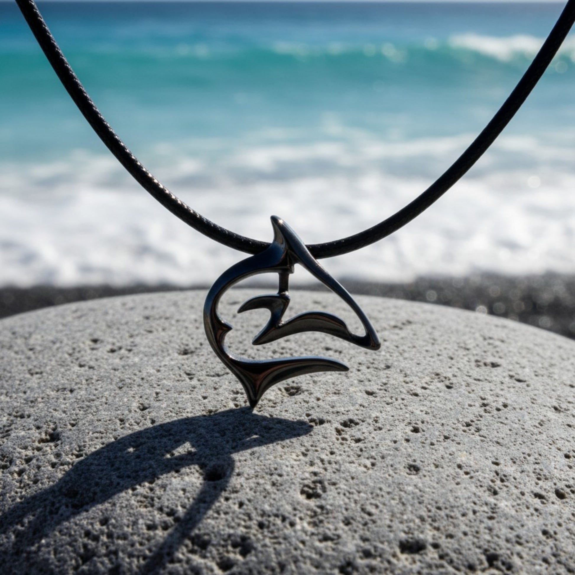 Shark Necklace – "Frenzy" - Jet Black Finish on black cord - Big Blue