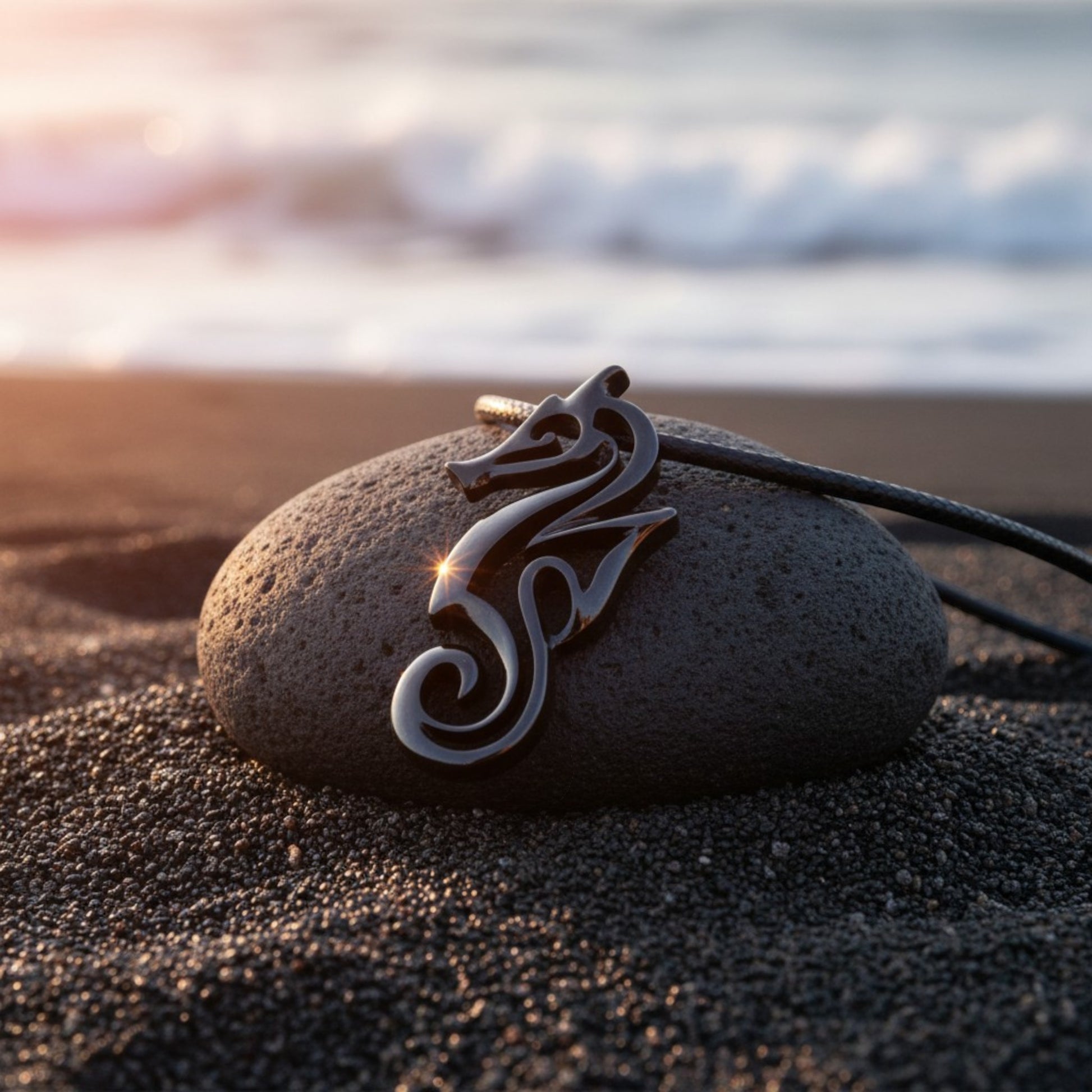 Seahorse Pendant Necklace – "Polo" - Jet Black Finish - Big Blue