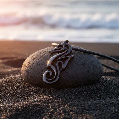 Seahorse Pendant Necklace – "Polo" - Jet Black Finish - Big Blue