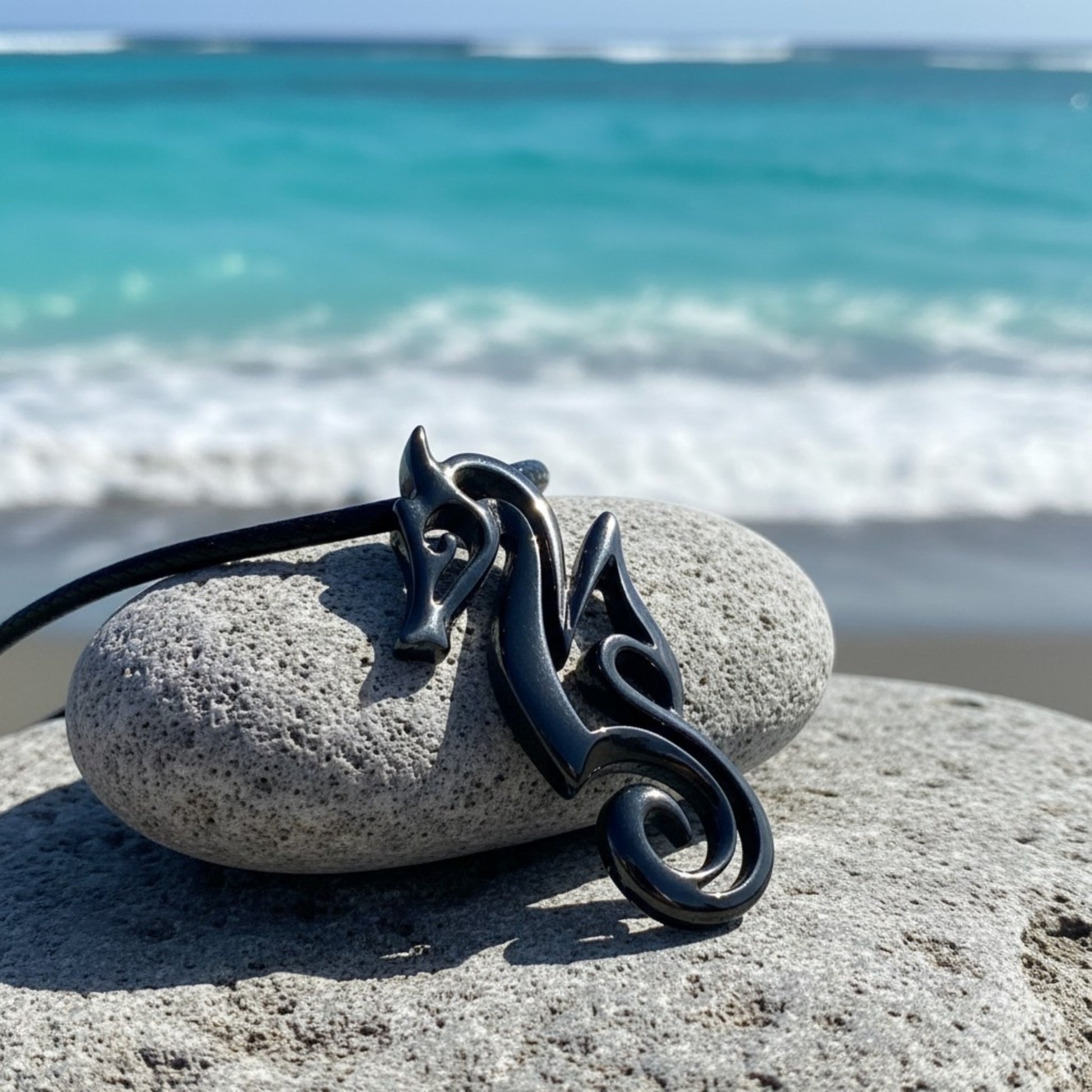 Seahorse Pendant Necklace – "Polo" - Jet Black Finish - Big Blue