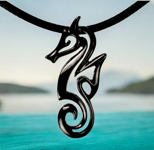 Seahorse Necklace for Women Black - Jet Black Seahorse Pendant, Gift for Seahorse Lover, Seahorse Charm, Seahorse Pendant Hematite Look - Big Blue