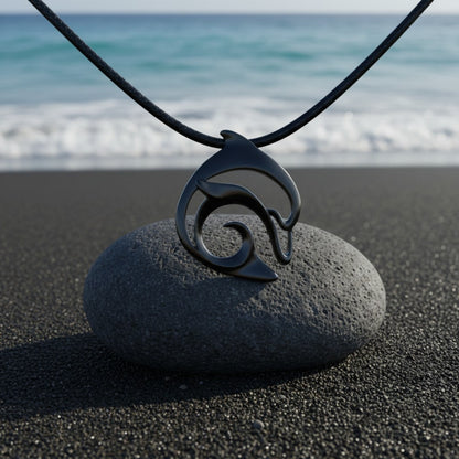 Dolphin Pendant Necklace – "Flipper" - Jet Black Finish on Black Cord - Big Blue