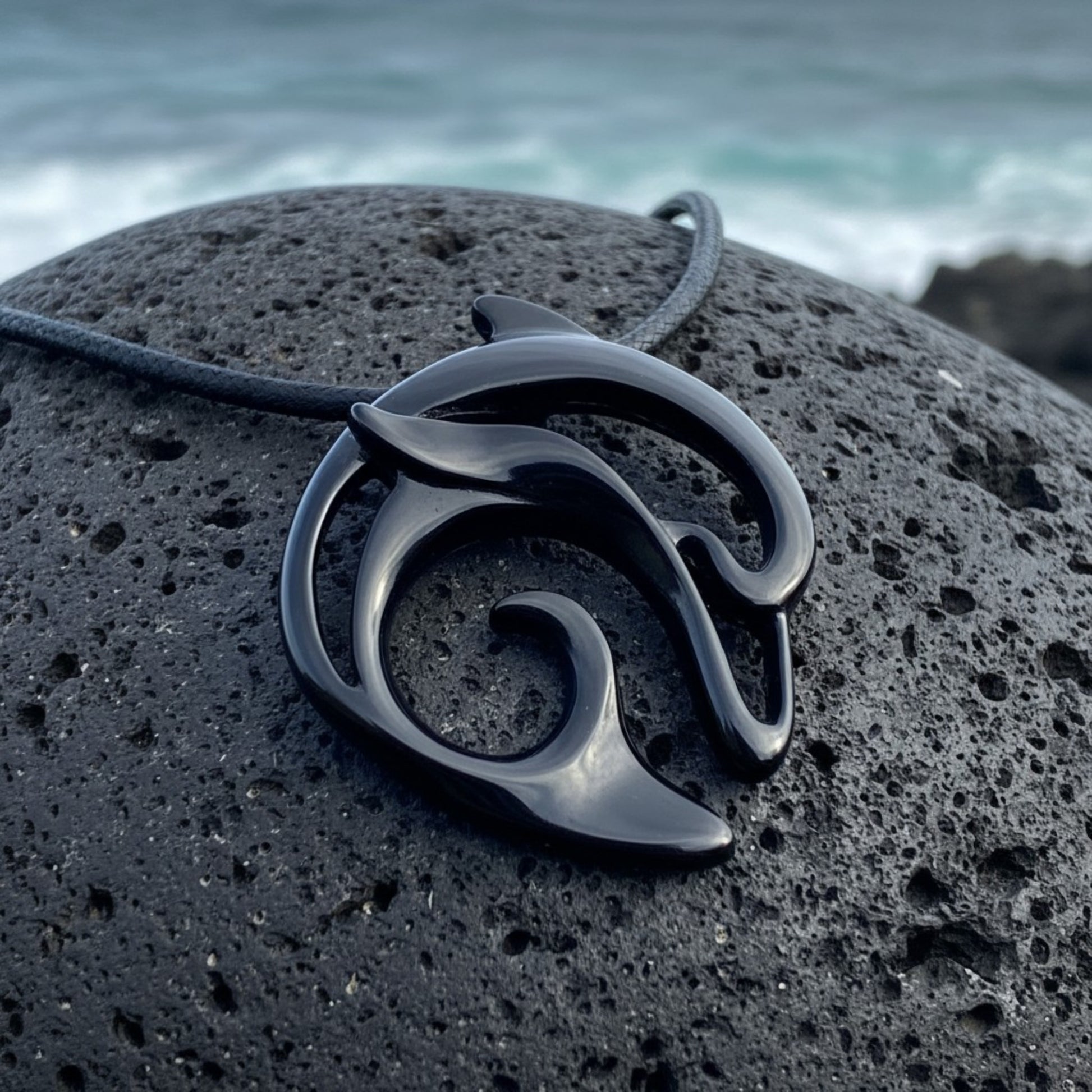 Dolphin Pendant Necklace – "Flipper" - Jet Black Finish on Black Cord - Big Blue