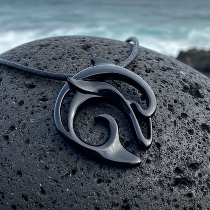 Dolphin Pendant Necklace – "Flipper" - Jet Black Finish on Black Cord - Big Blue