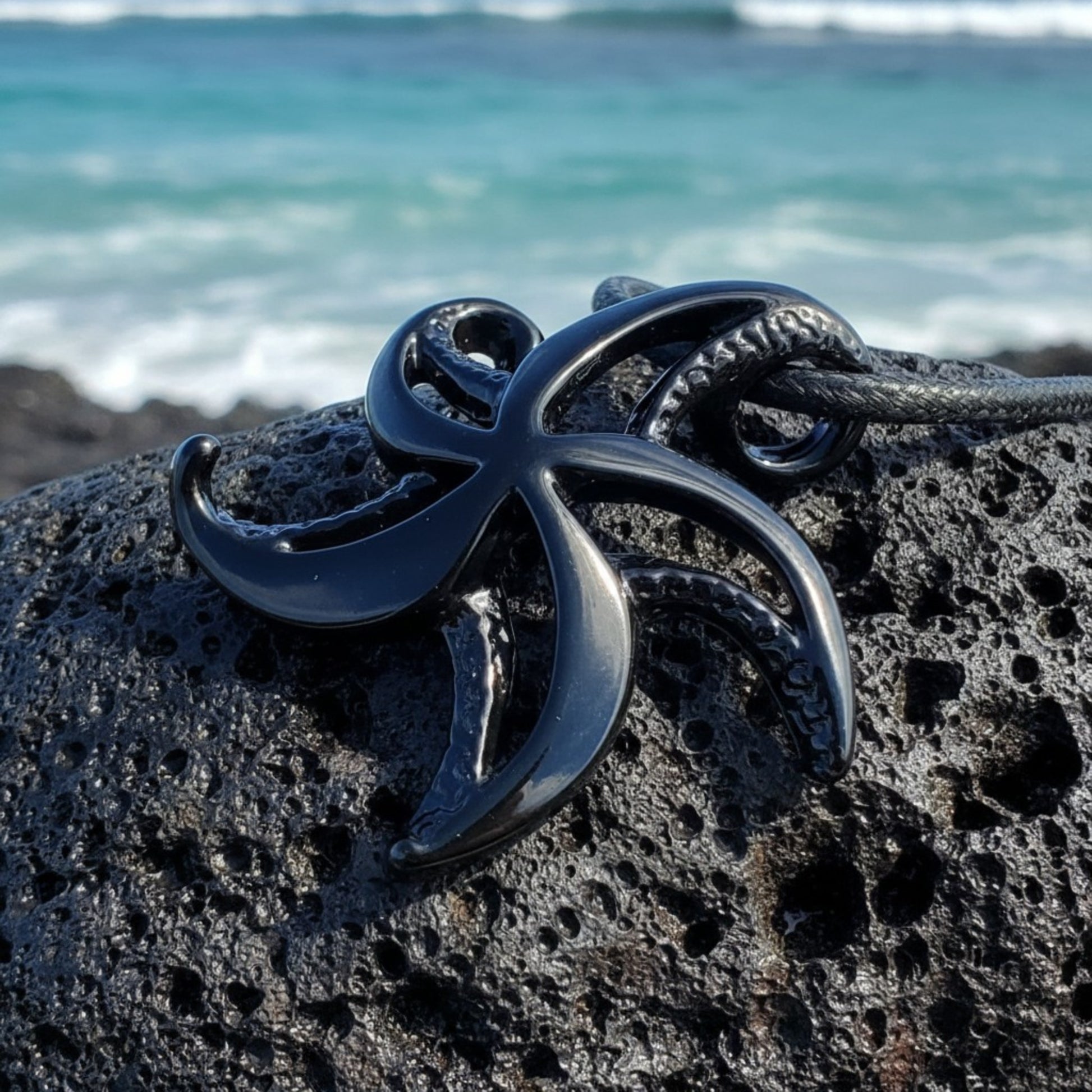 Starfish Necklace - "Starry" - Jet Black Finish on Cord - Big Blue