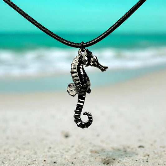 Seahorse Necklace for Women Black - Jet Black Seahorse Jewelry, Gift for Seahorse Lover, Seahorse Charm, Seahorse Pendant Hematite Look - Big Blue