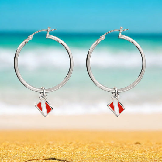 Dive Flag Hoop Earrings for Women Sterling Silver- Scuba Diving Gifts for Women, Scuba Diving Earrings, Dive Flag Charm Earrings, Gifts for Scuba Divers