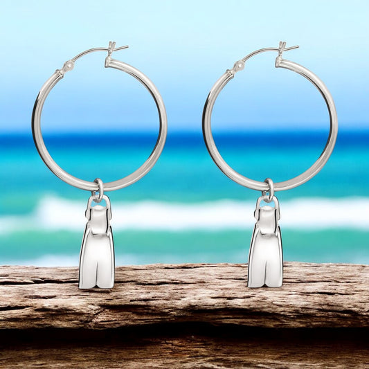 Dive Fin Hoop Earrings for Women Sterling Silver- Scuba Diving Gifts for Women, Scuba Diving Earrings, Dive Fin Charm Earrings, Gifts for Scuba Divers