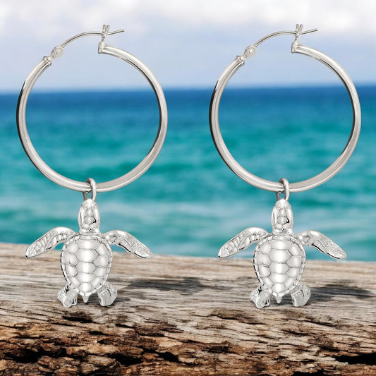 Sea Turtle Hoop Earrings Sterling Silver, Hatchling  Hoop Earrings, Sea Life Sterling Silver Hoop Earrings, Gifts for Turtle Lovers - Big Blue