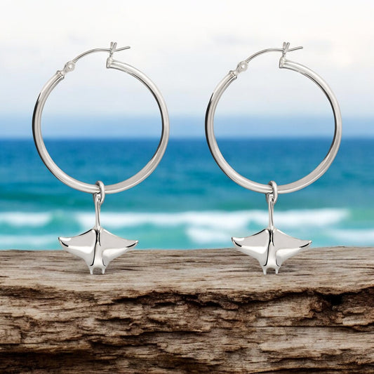 Stingray Hoop Earrings Sterling Silver- Manta Ray Sterling Silver Drop Earrings, Manta Ray Earrings, Sea Life Sterling Silver Drop Earrings