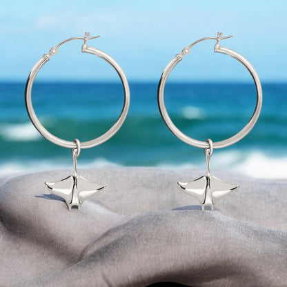 Stingray Hoop Earrings Sterling Silver- Manta Ray Sterling Silver Drop Earrings, Manta Ray Earrings, Sea Life Sterling Silver Drop Earrings