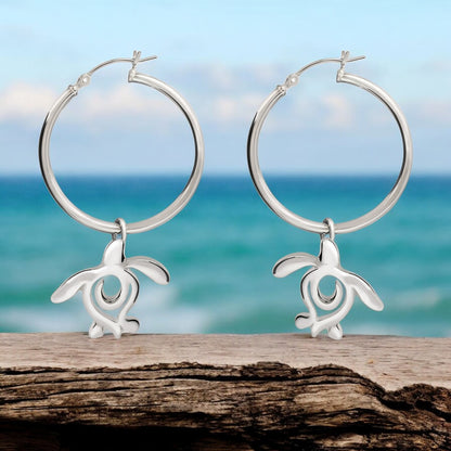 Sea Turtle Hoop Earrings Sterling Silver- Turtle Gifts for Women, Honu Turtle Drop Earrings, Gifts for Turtle Lovers, Sea Life Jewelry - Big Blue