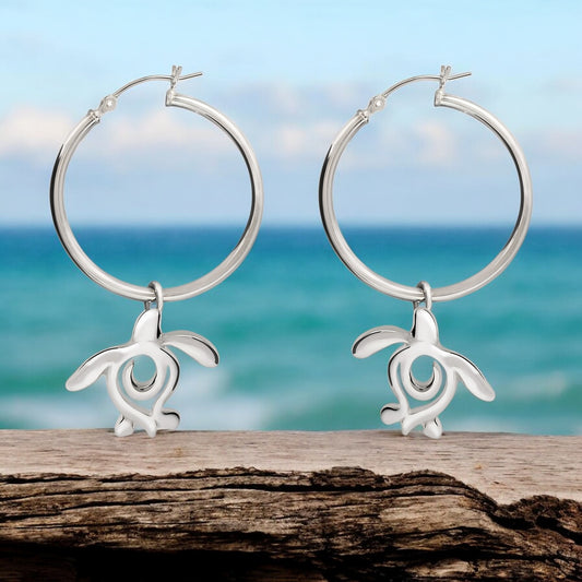Sea Turtle Hoop Earrings Sterling Silver- Turtle Gifts for Women, Honu Turtle Drop Earrings, Gifts for Turtle Lovers, Sea Life Jewelry - Big Blue