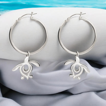 Sea Turtle Hoop Earrings Sterling Silver- Turtle Gifts for Women, Honu Turtle Drop Earrings, Gifts for Turtle Lovers, Sea Life Jewelry - Big Blue