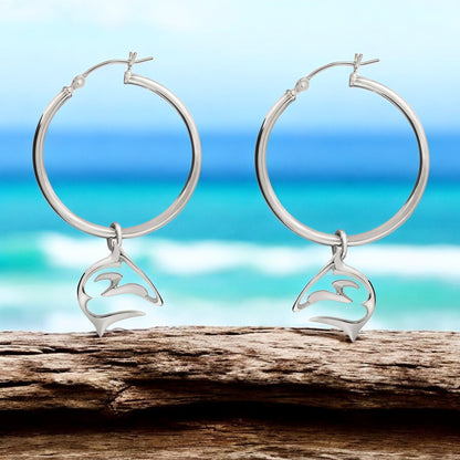 Shark Hoop Earrings for Women Sterling Silver- Shark Drop Earrings, Sterling Silver Shark Dangle Hoop Earrings, Gifts for Shark Lovers, Shark Charms - Big Blue