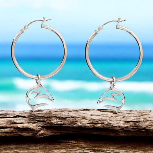 Shark Hoop Earrings for Women Sterling Silver- Shark Drop Earrings, Sterling Silver Shark Dangle Hoop Earrings, Gifts for Shark Lovers, Shark Charms - Big Blue