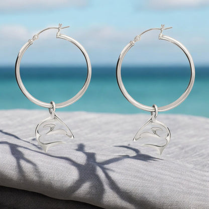 Shark Hoop Earrings for Women Sterling Silver- Shark Drop Earrings, Sterling Silver Shark Dangle Hoop Earrings, Gifts for Shark Lovers, Shark Charms - Big Blue