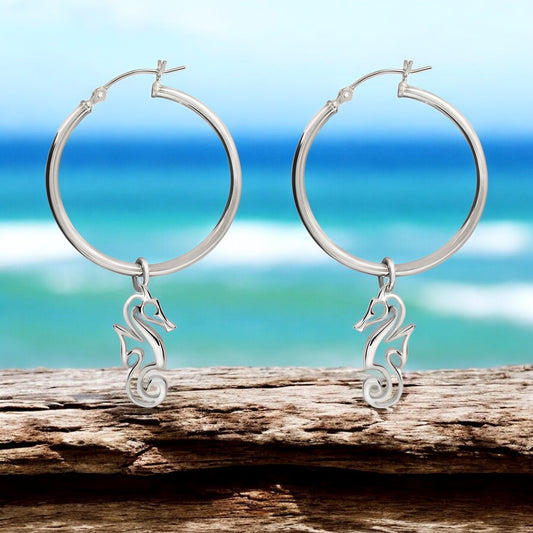 Seahorse Hoop Earrings for Women Sterling Silver- Seahorse Drop Earrings, Seahorse Dangle Hoop Earrings, Seahorse Jewelry, Seahorse Gifts - Big Blue